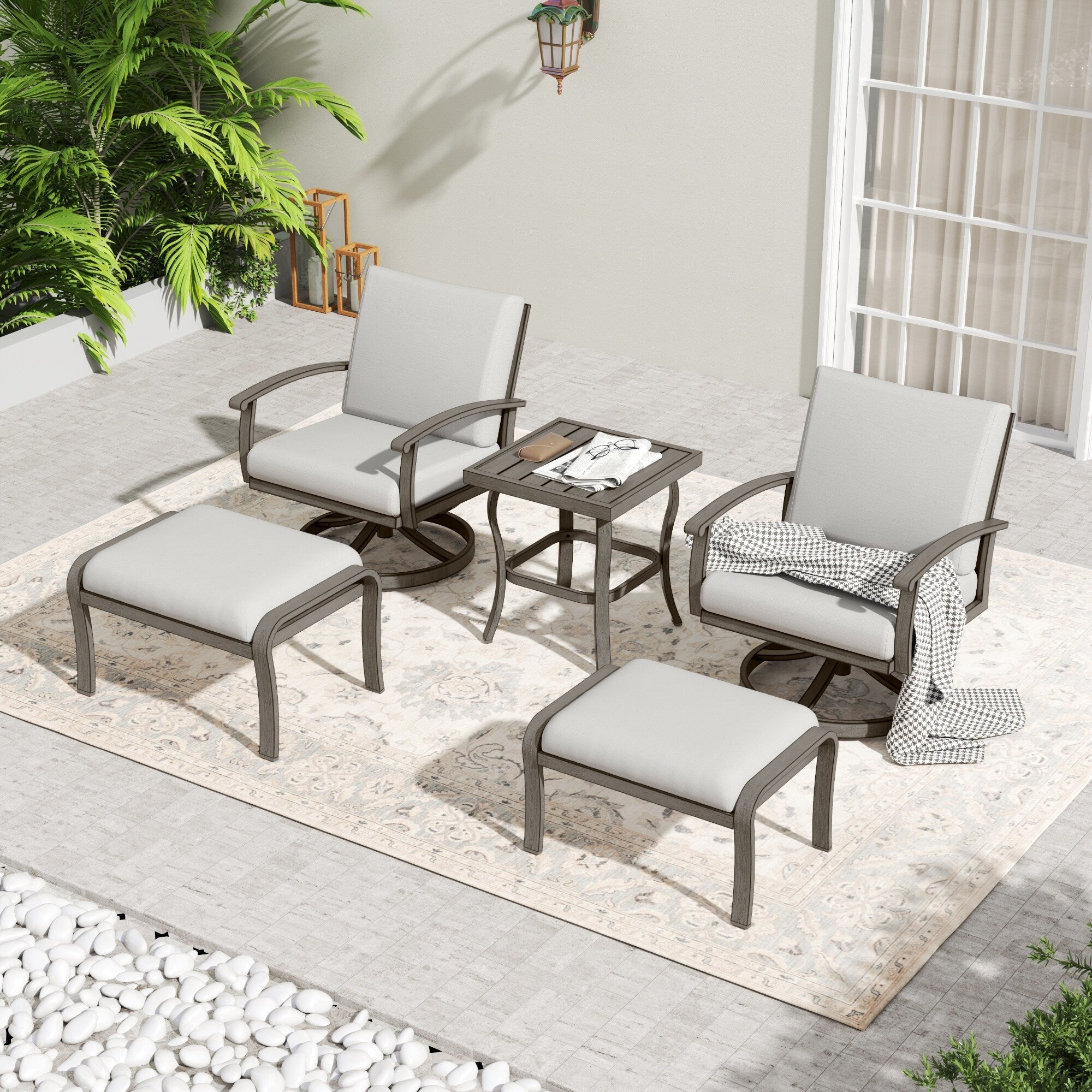 5-Piece Aluminum Patio Conversation Set with End Table, Ottoman and Light Gray Cushions