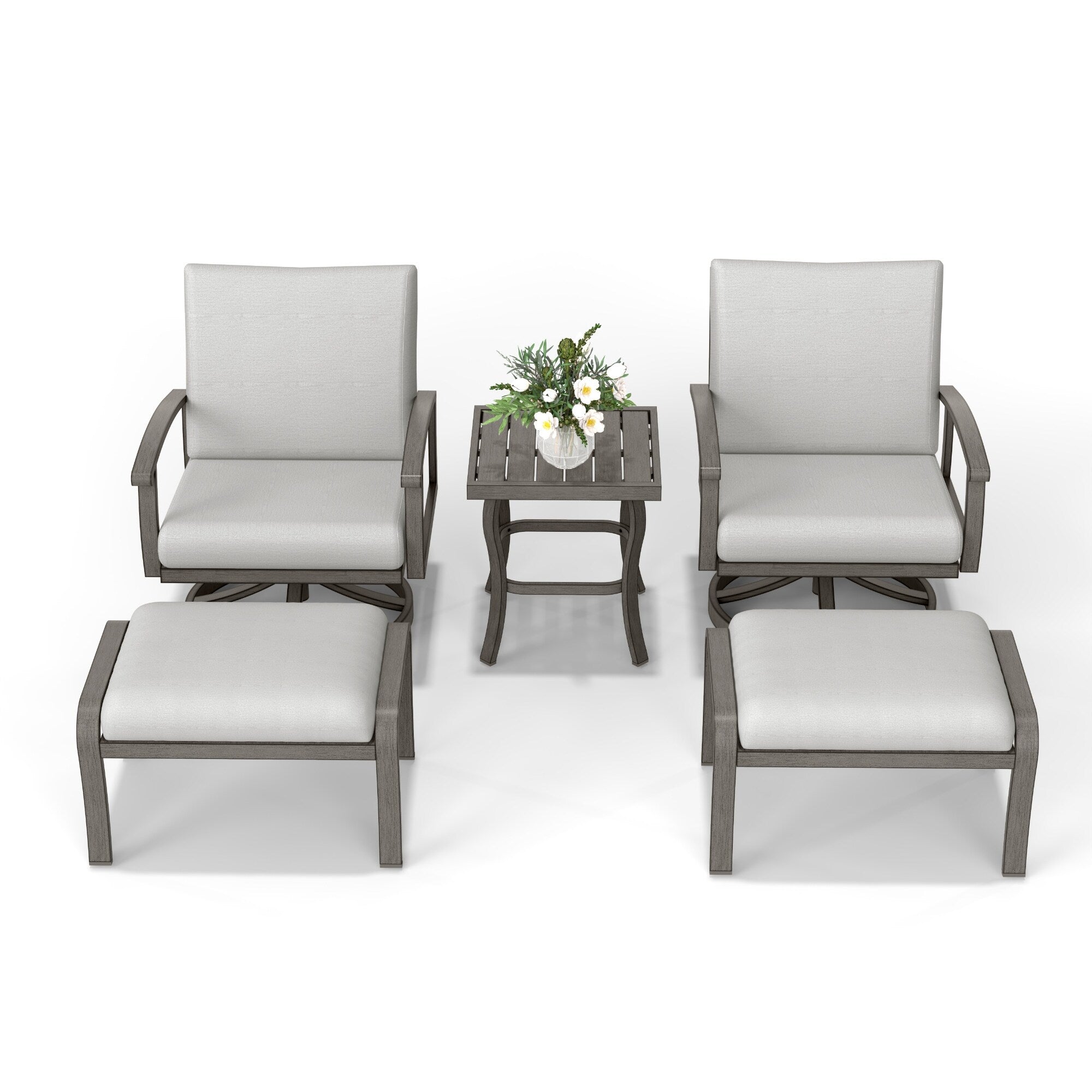 5-Piece Aluminum Patio Conversation Set with End Table, Ottoman and Light Gray Cushions