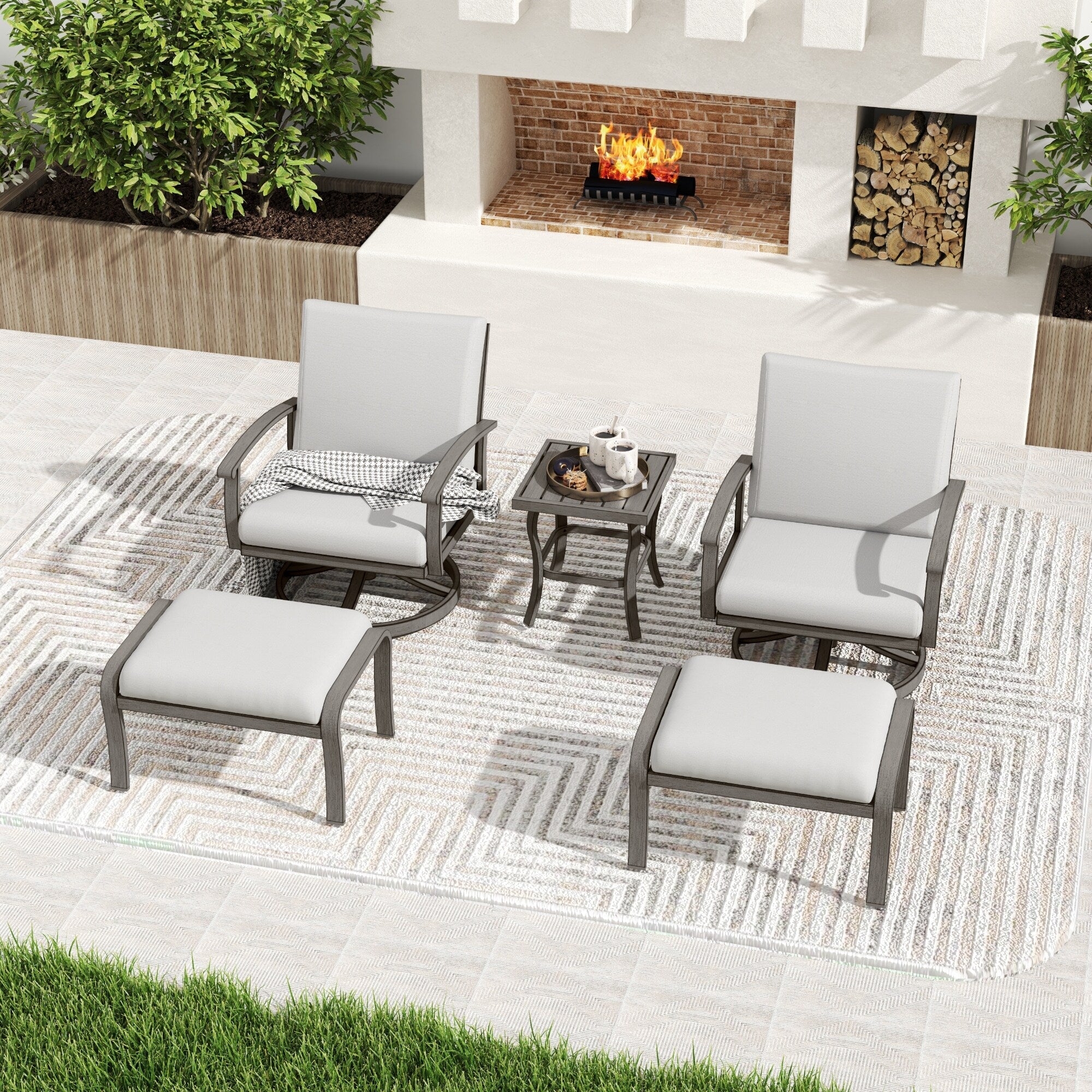 5-Piece Aluminum Patio Conversation Set with End Table, Ottoman and Light Gray Cushions