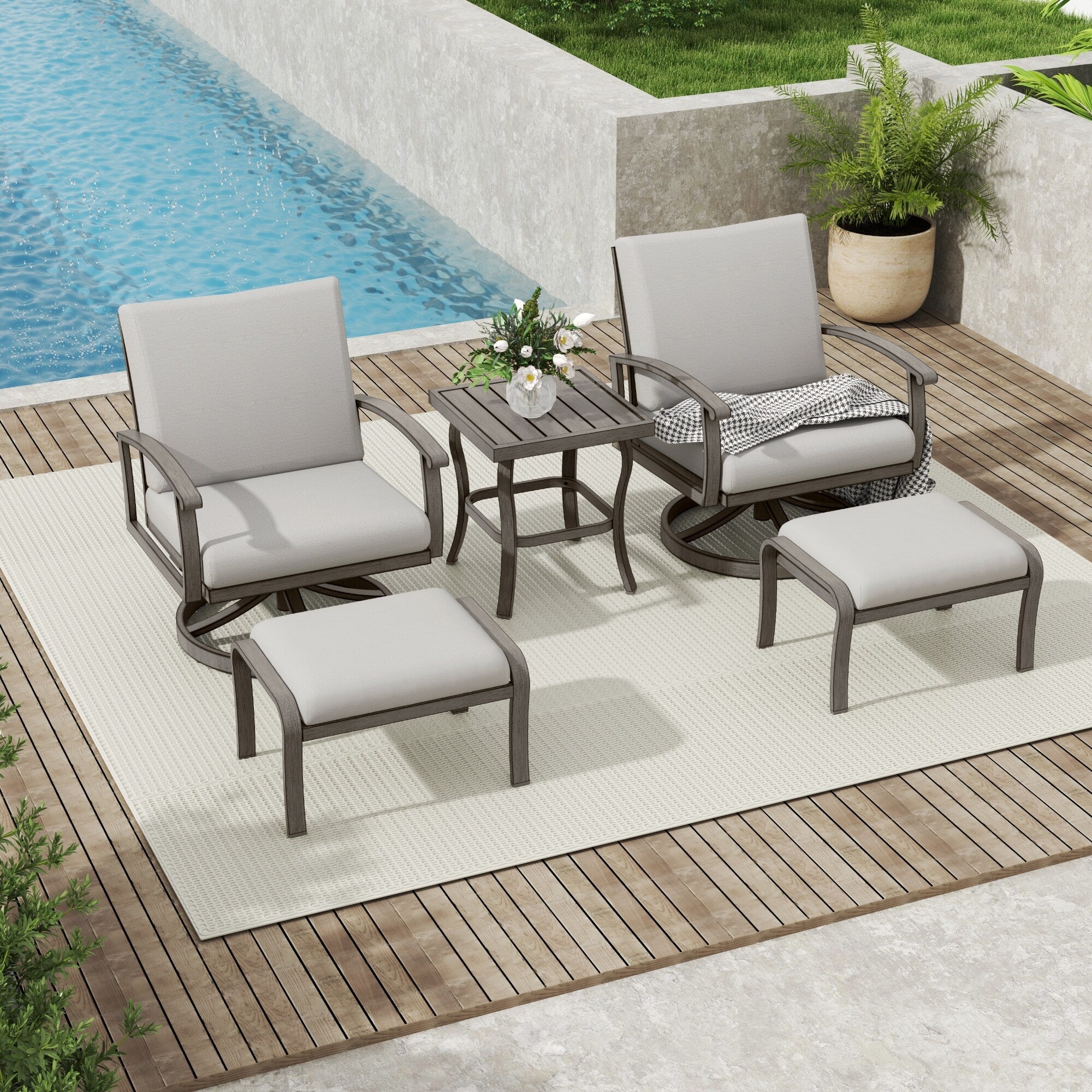 5-Piece Aluminum Patio Conversation Set with End Table, Ottoman and Light Gray Cushions