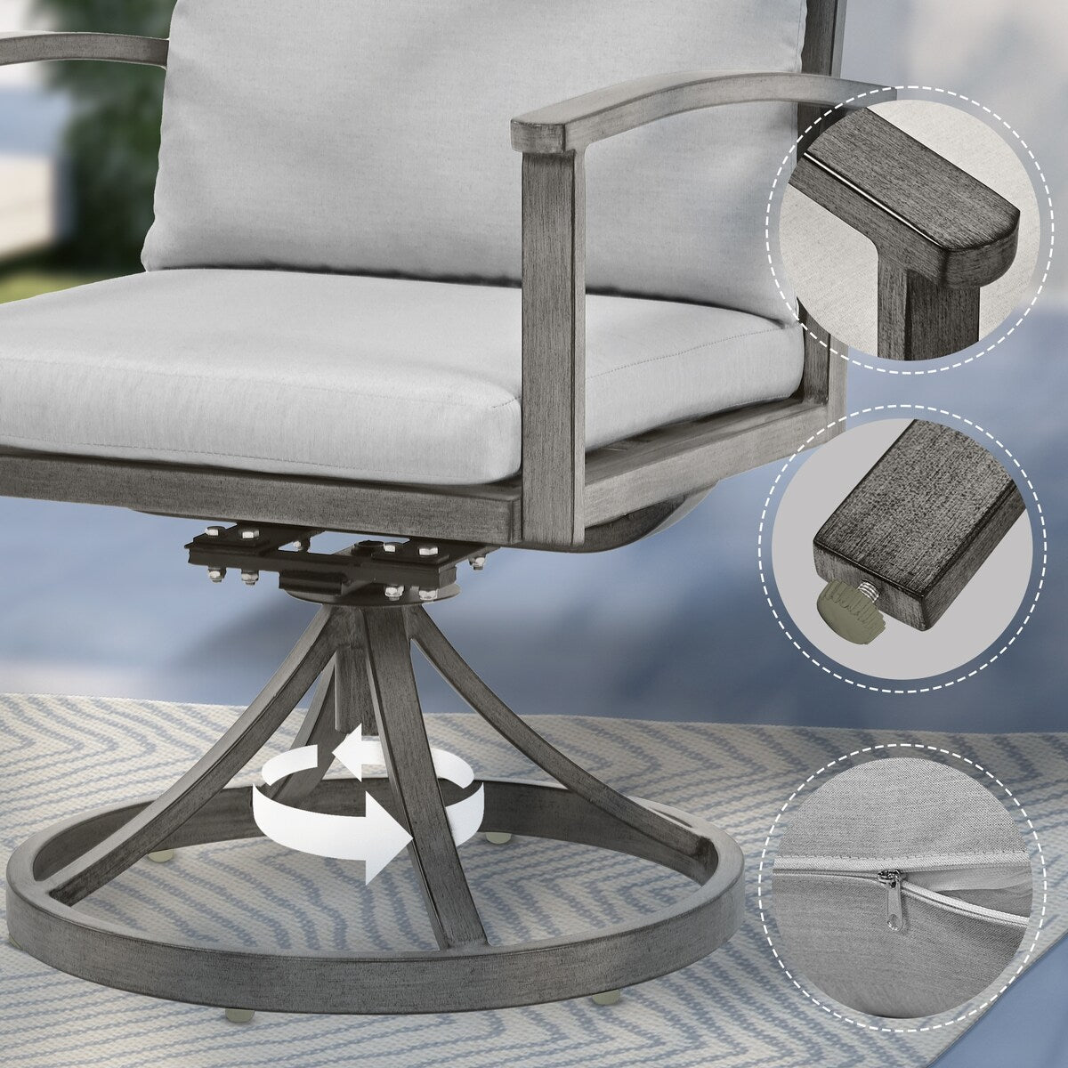 5-Piece Aluminum Patio Dining Set with 2 Swivel Dining Chairs and 2 Dining Chairs and Washable Cushions