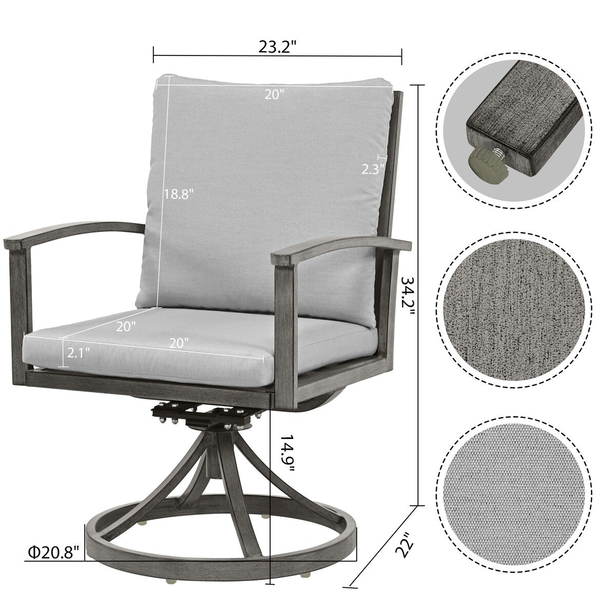 5-Piece Aluminum Patio Dining Set with 2 Swivel Dining Chairs and 2 Dining Chairs and Washable Cushions