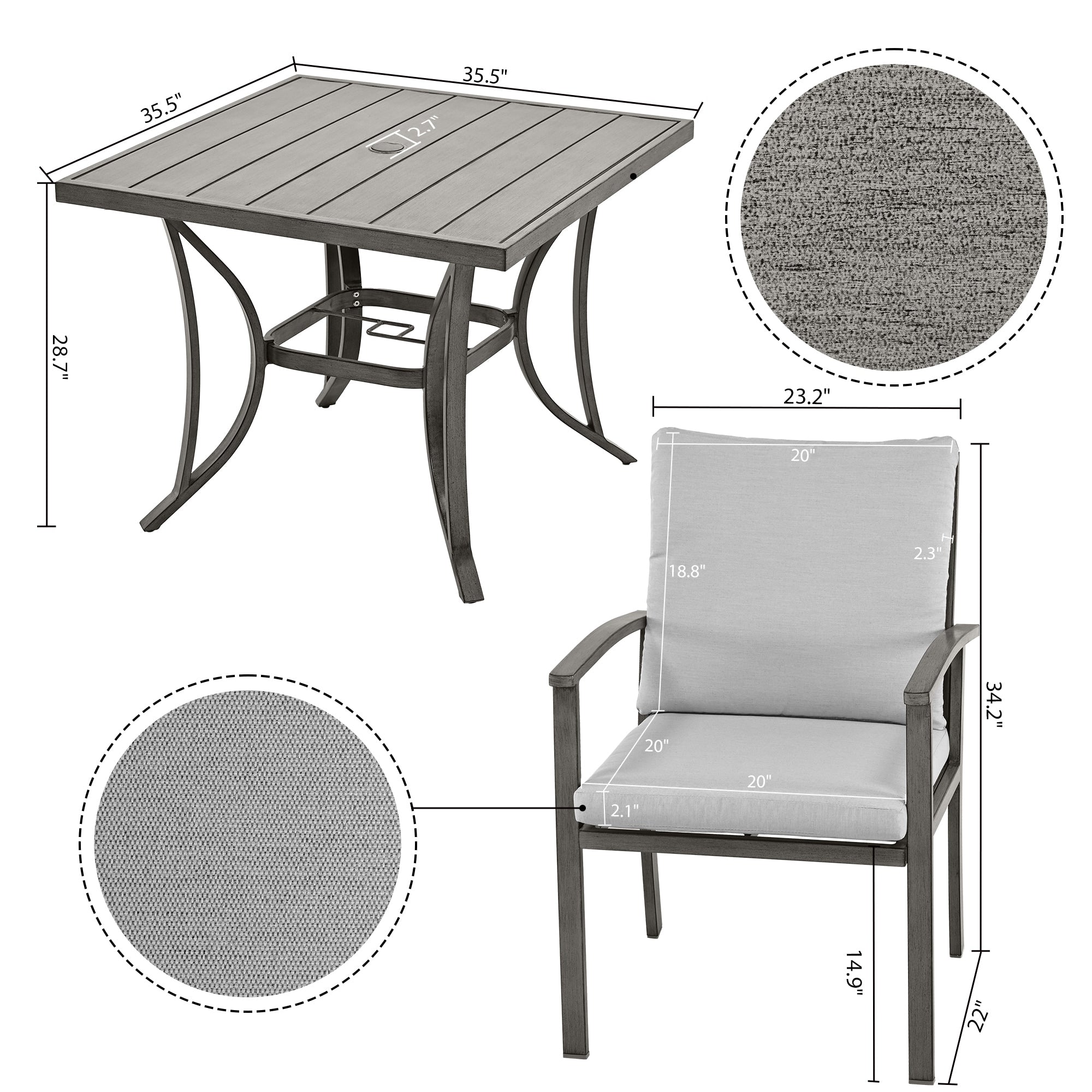 5-Piece Aluminum Patio Dining Set with Table and Washable Light Gray