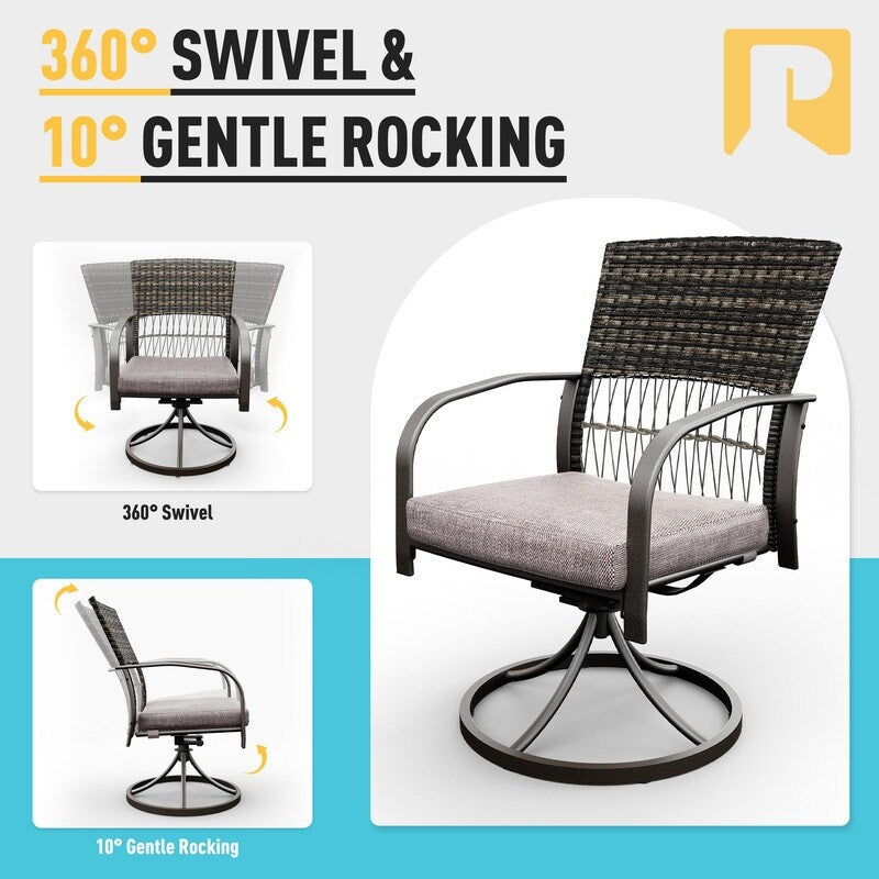 5-Piece Metal Patio Outdoor Dining Set with Square Table and Rattan Swivel Chairs with Cushion