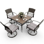 5-Piece Metal Patio Outdoor Dining Set with Square Table and Rattan Swivel Chairs with Cushion