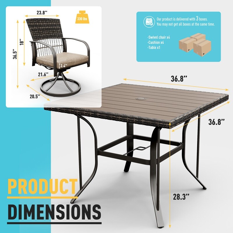 5-Piece Metal Patio Outdoor Dining Set with Square Table and Rattan Swivel Chairs with Cushion