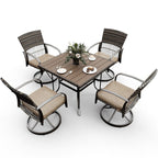 5-Piece Metal Patio Outdoor Dining Set with Square Table and Rattan Swivel Chairs with Cushion