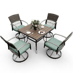 5-Piece Metal Patio Outdoor Dining Set with Square Table and Rattan Swivel Chairs with Cushion