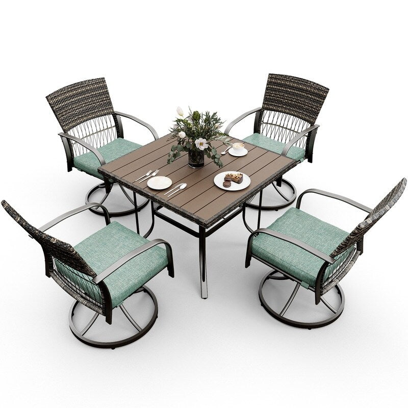 5-Piece Metal Patio Outdoor Dining Set with Square Table and Rattan Swivel Chairs with Cushion