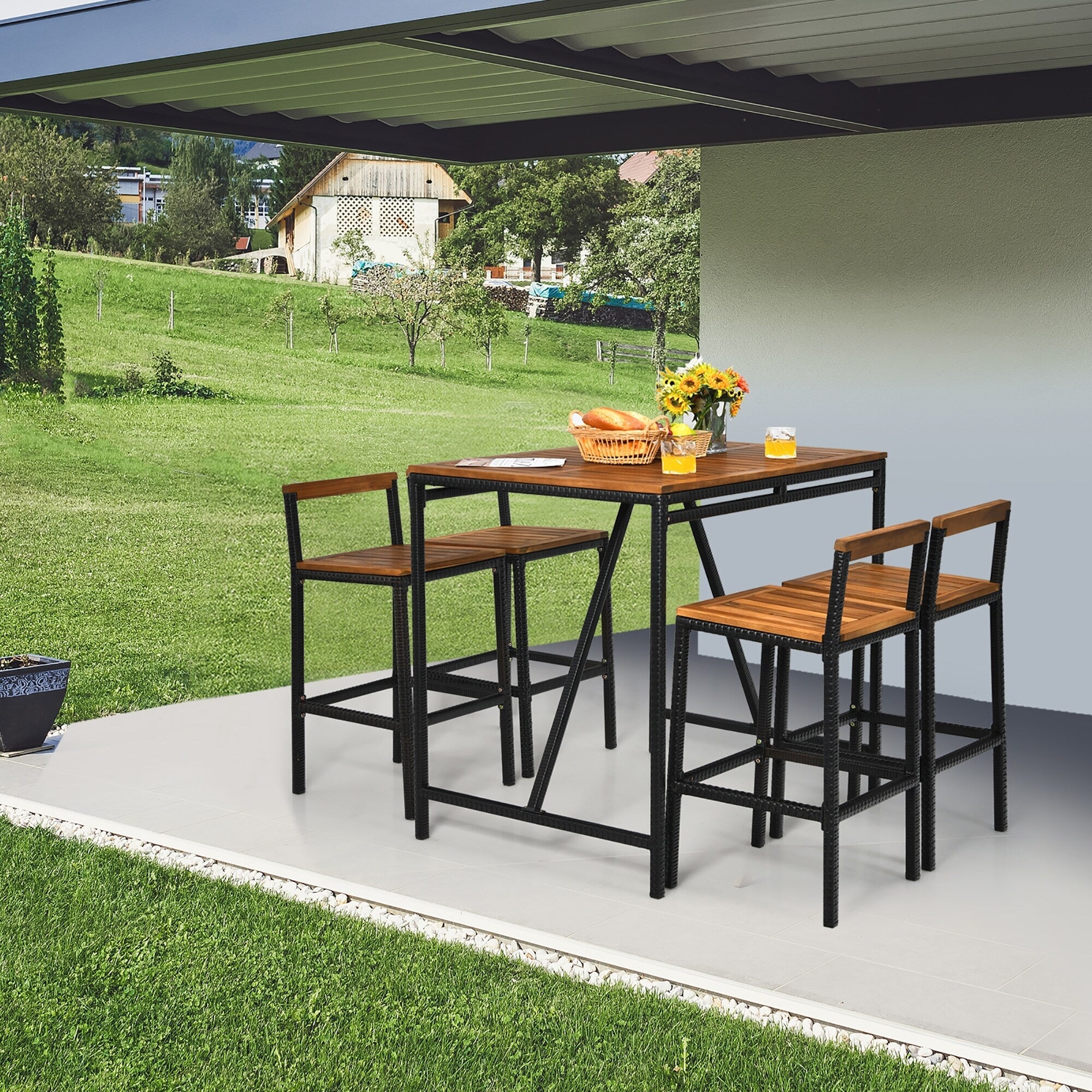 5 Piece Outdoor Acacia Wood Bar Table Set Bar Height Dining Set