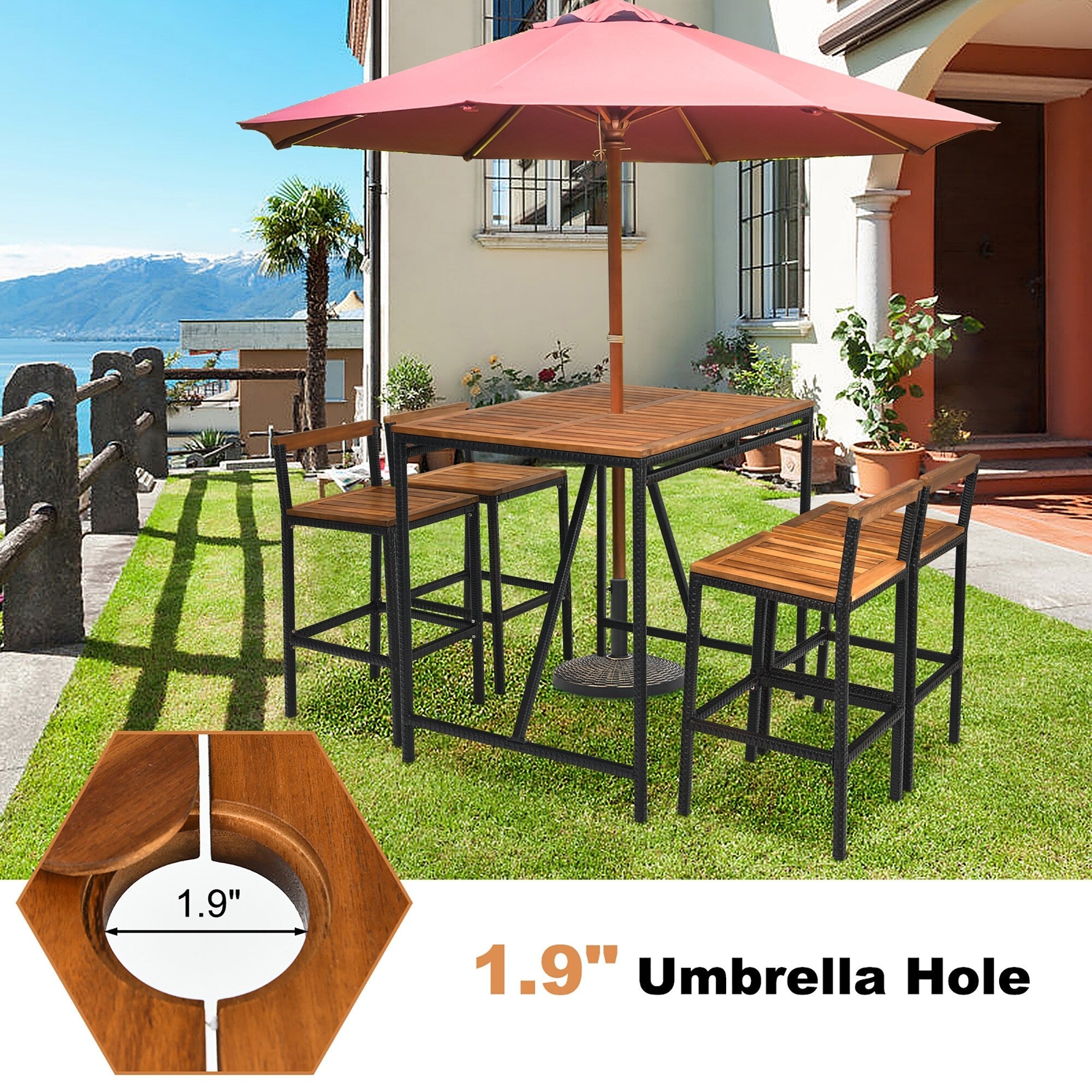 5 Piece Outdoor Acacia Wood Bar Table Set Bar Height Dining Set