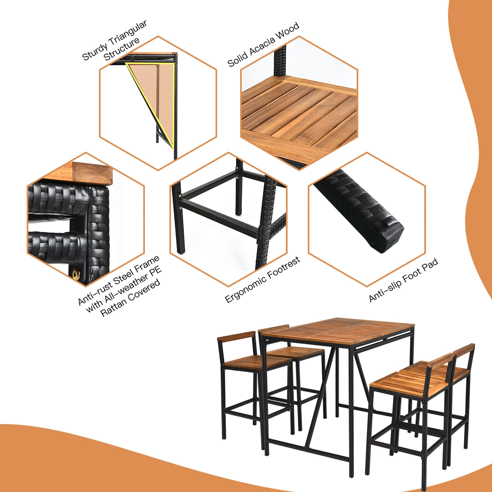 5 Piece Outdoor Acacia Wood Bar Table Set Bar Height Dining Set
