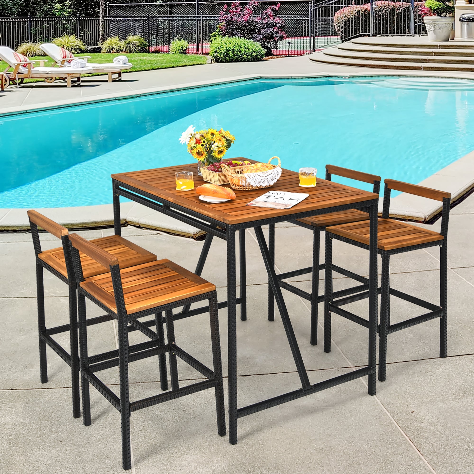 5 Piece Outdoor Acacia Wood Bar Table Set Bar Height Dining Set