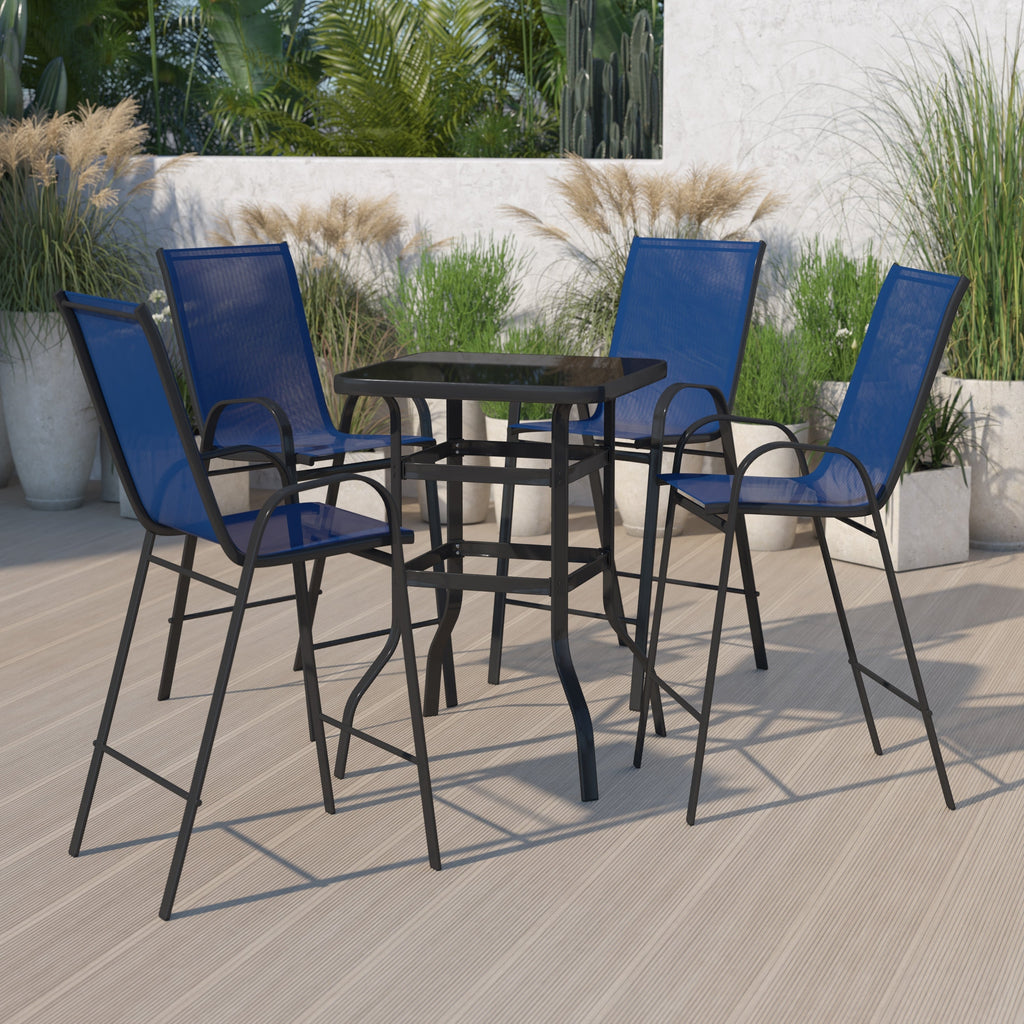 5 Piece Outdoor Glass Bar Patio Table Set with 4 Barstools