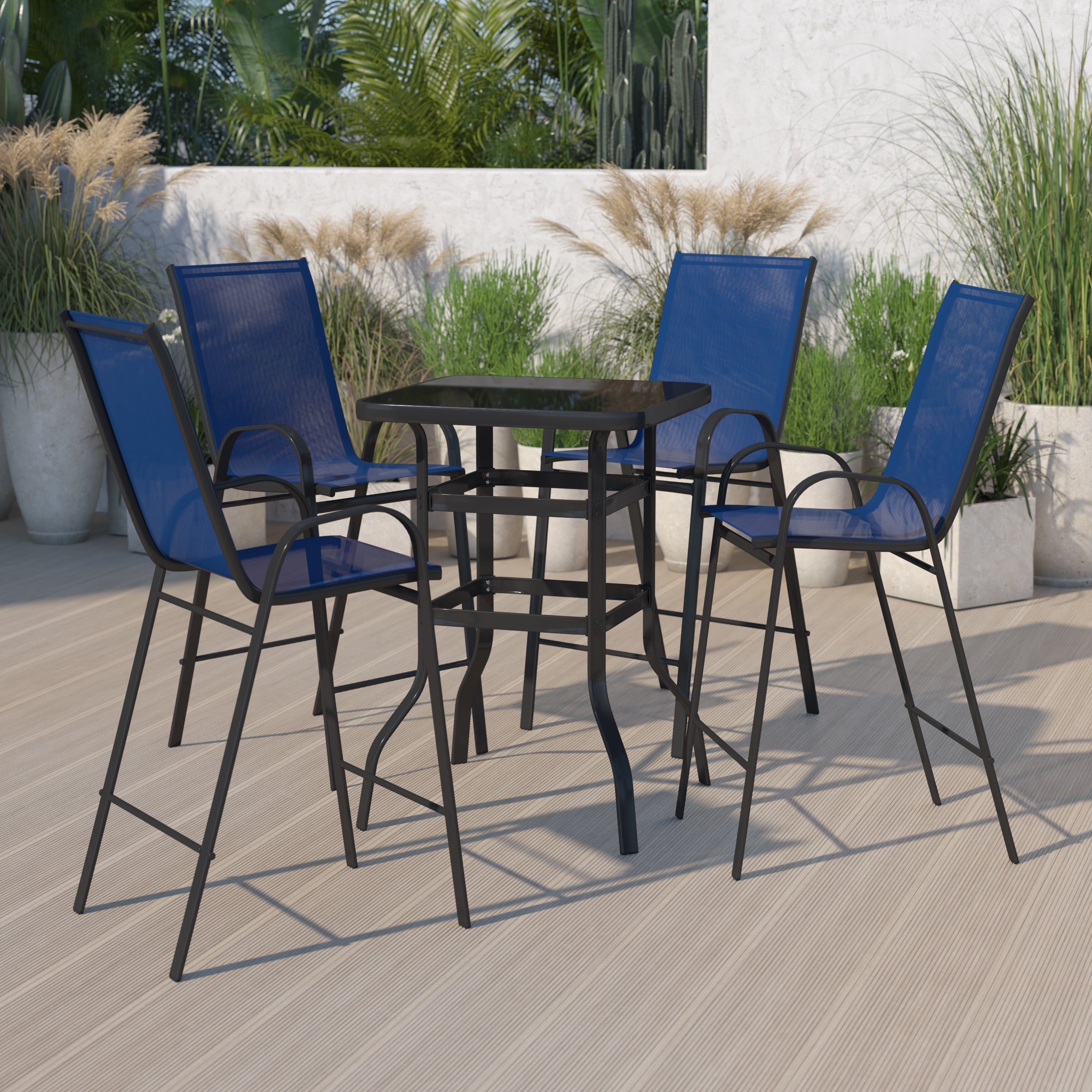 5 Piece Outdoor Glass Bar Patio Table Set with 4 Barstools