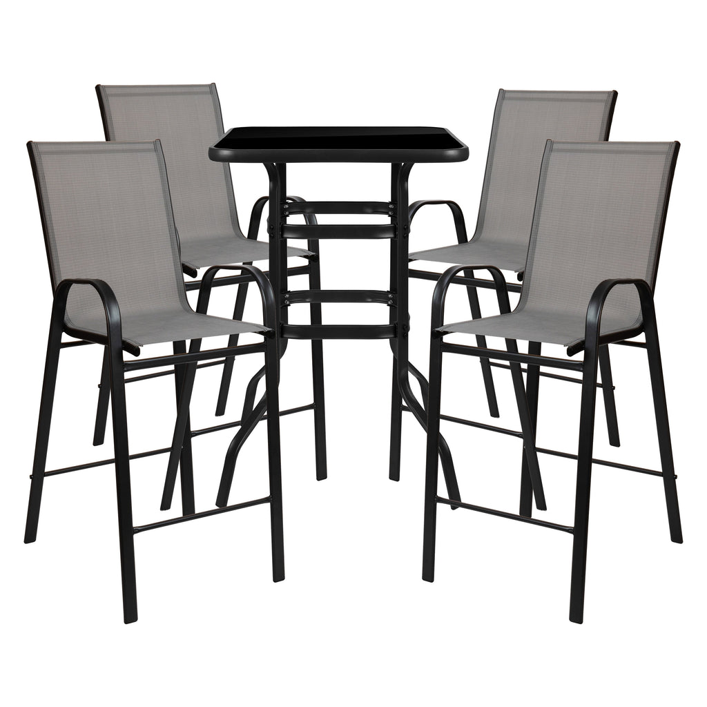 5 Piece Outdoor Glass Bar Patio Table Set with 4 Barstools