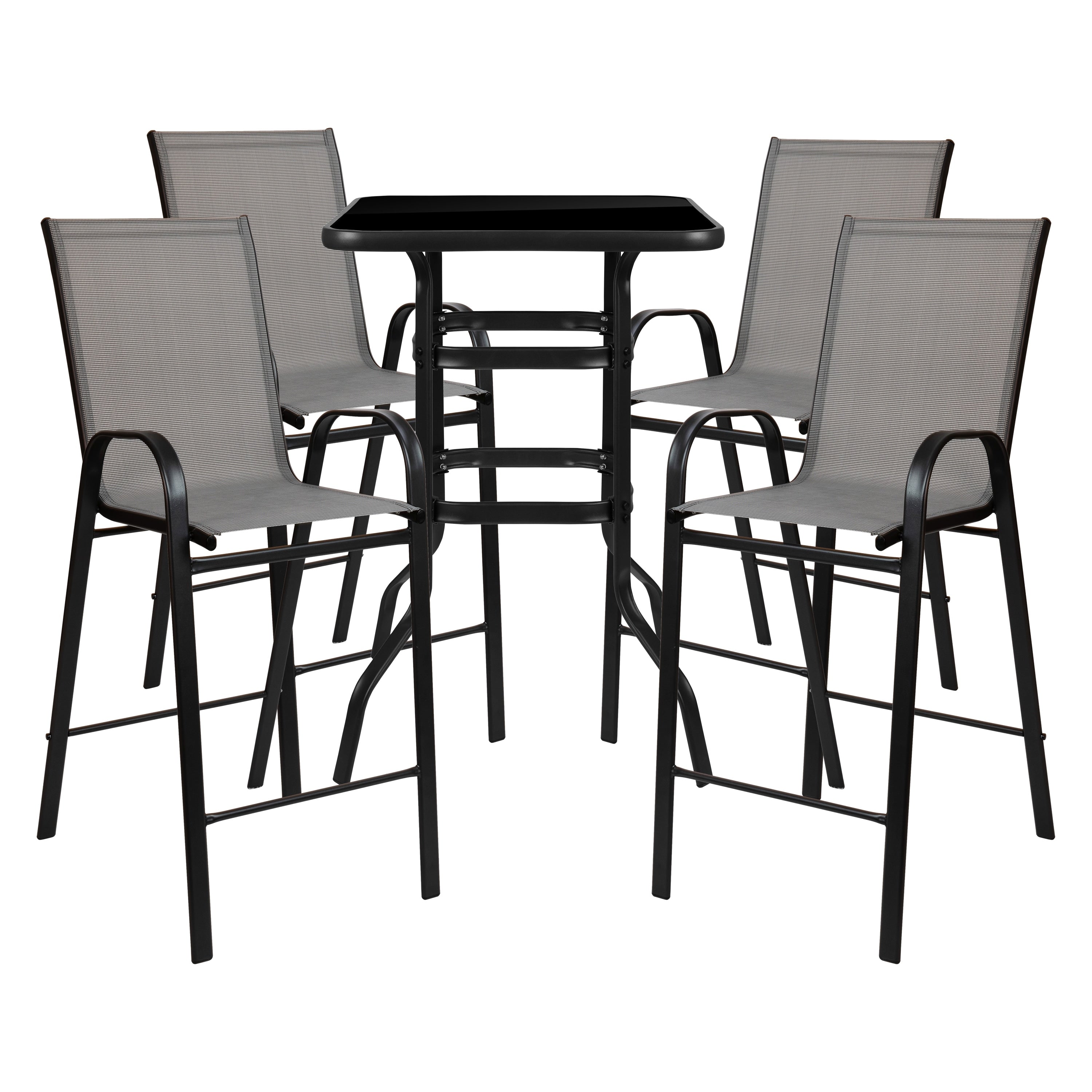 5 Piece Outdoor Glass Bar Patio Table Set with 4 Barstools