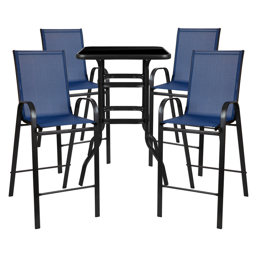 5 Piece Outdoor Glass Bar Patio Table Set with 4 Barstools