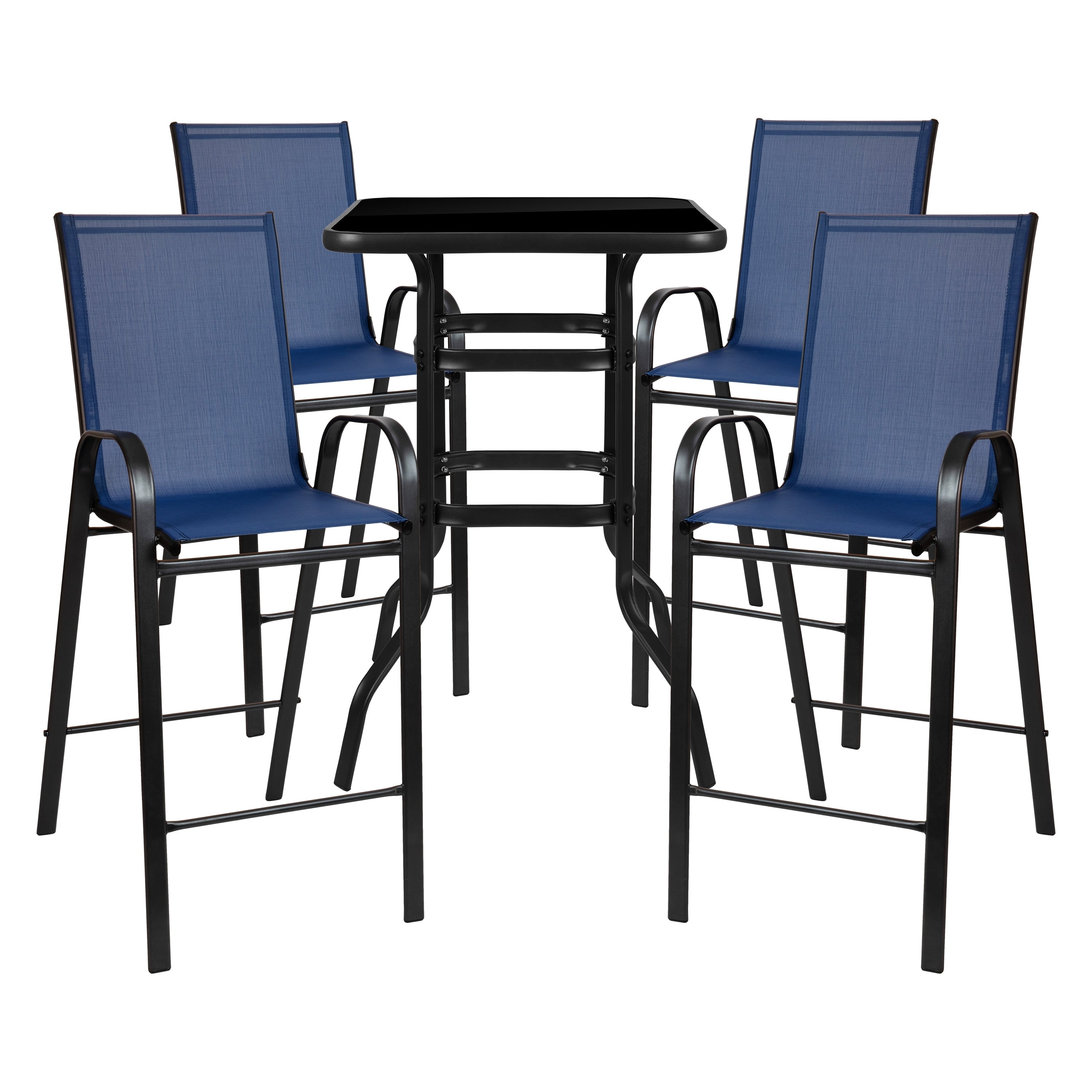 5 Piece Outdoor Glass Bar Patio Table Set with 4 Barstools
