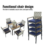 5-Piece Outdoor Patio Rattan Dining Set with Stackable Chairs, 35 Acacia Wood Table Top with Umbrella Hole