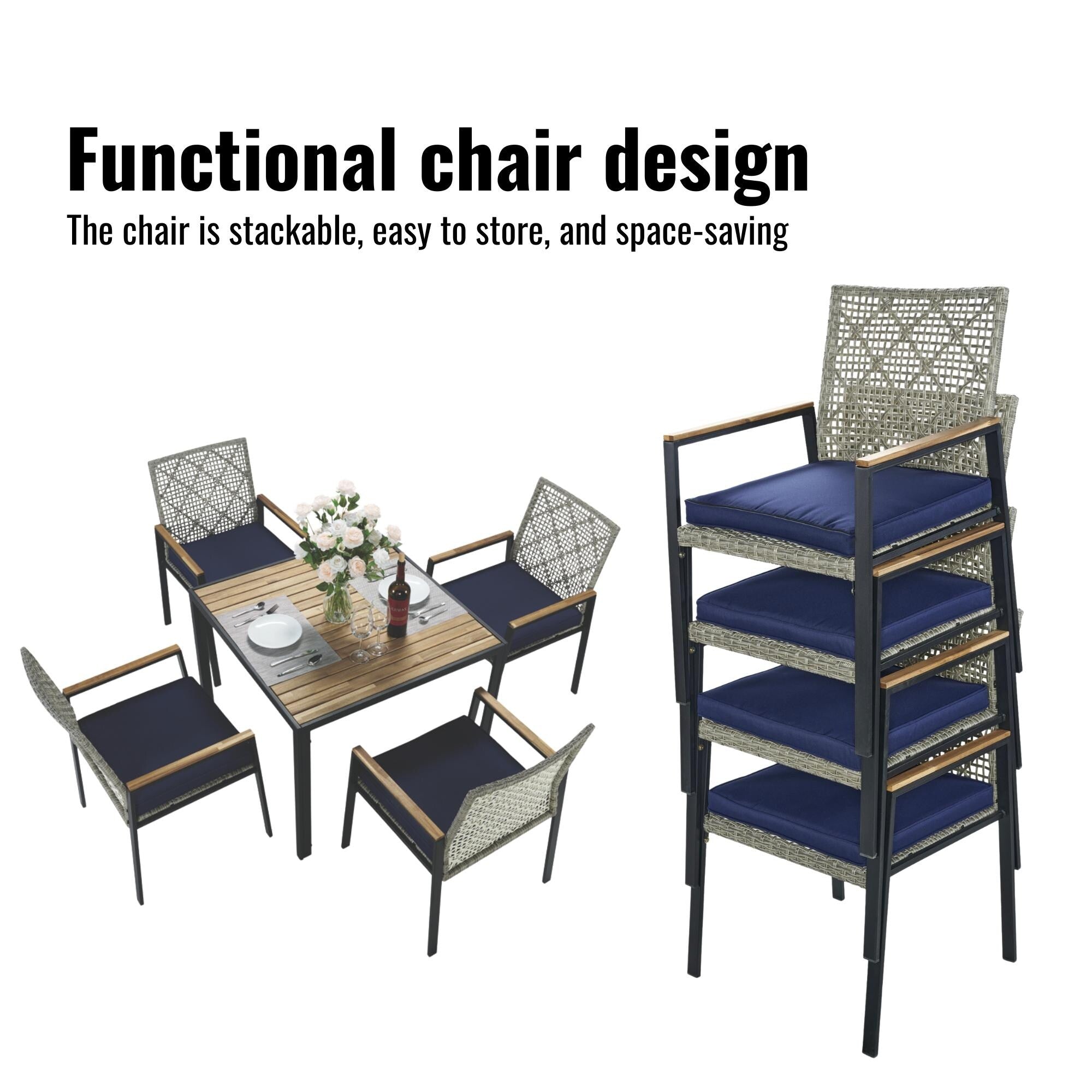 5-Piece Outdoor Patio Rattan Dining Set with Stackable Chairs, 35 Acacia Wood Table Top with Umbrella Hole