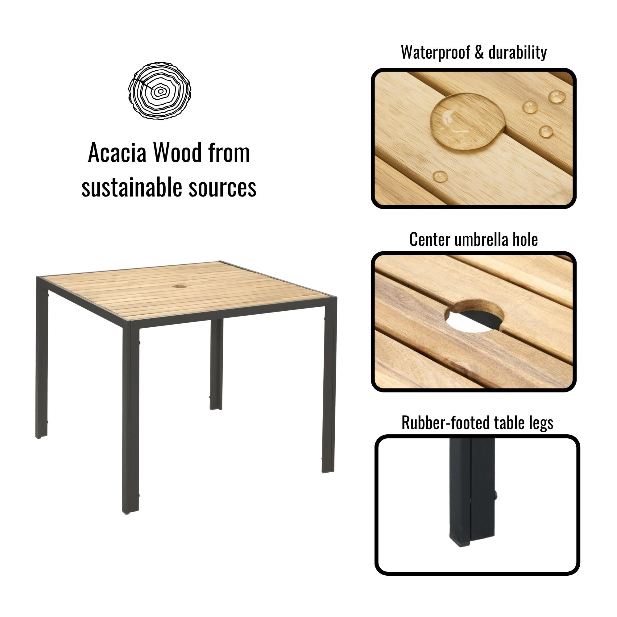 5-Piece Outdoor Patio Rattan Dining Set with Stackable Chairs, 35 Acacia Wood Table Top with Umbrella Hole