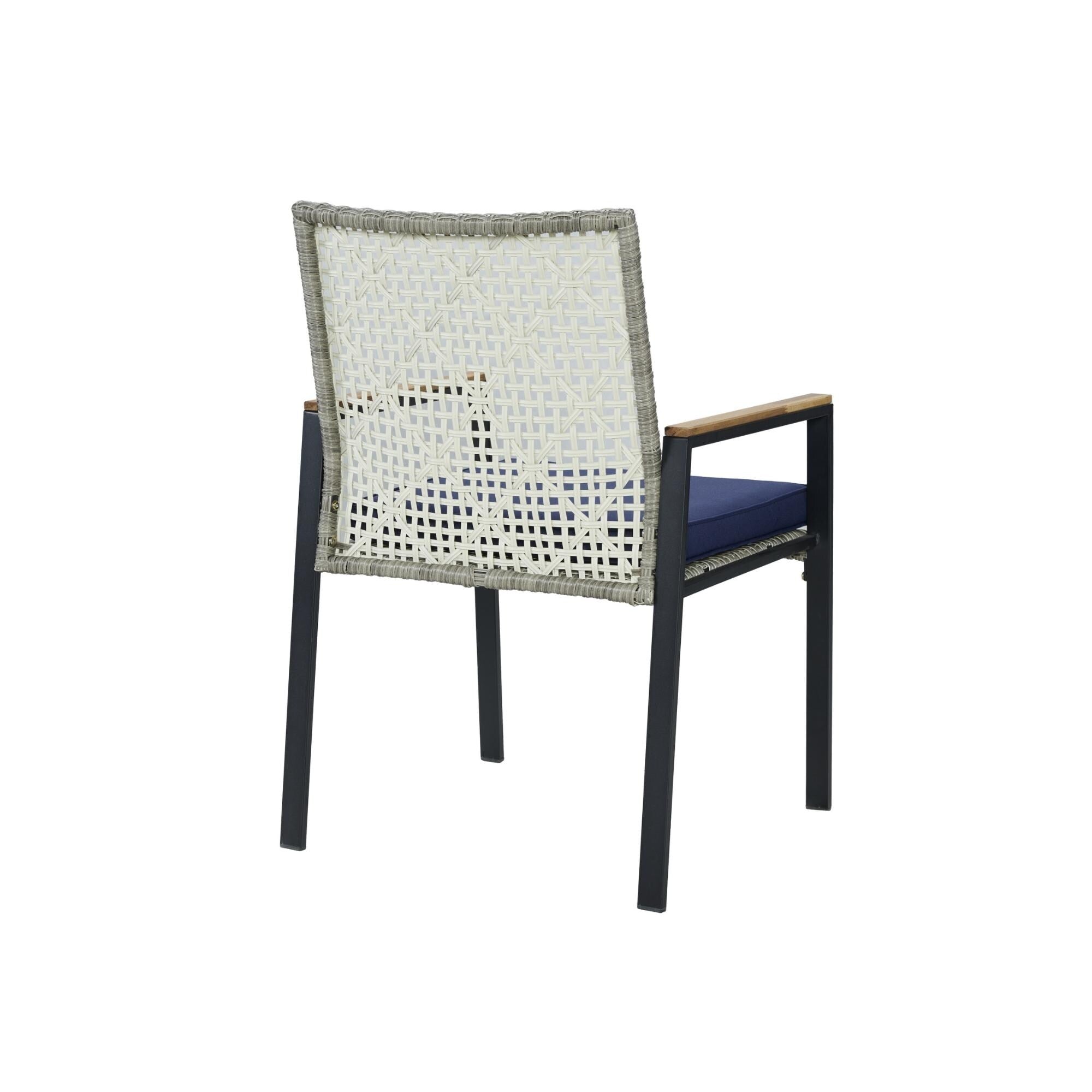 5-Piece Outdoor Patio Rattan Dining Set with Stackable Chairs, 35 Acacia Wood Table Top with Umbrella Hole
