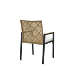 5-Piece Outdoor Patio Rattan Dining Set with Stackable Chairs, 35 Acacia Wood Table Top with Umbrella Hole