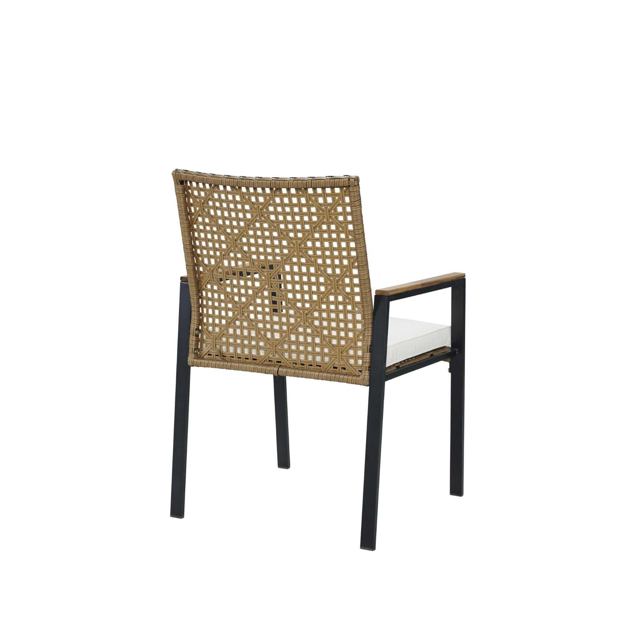 5-Piece Outdoor Patio Rattan Dining Set with Stackable Chairs, 35 Acacia Wood Table Top with Umbrella Hole