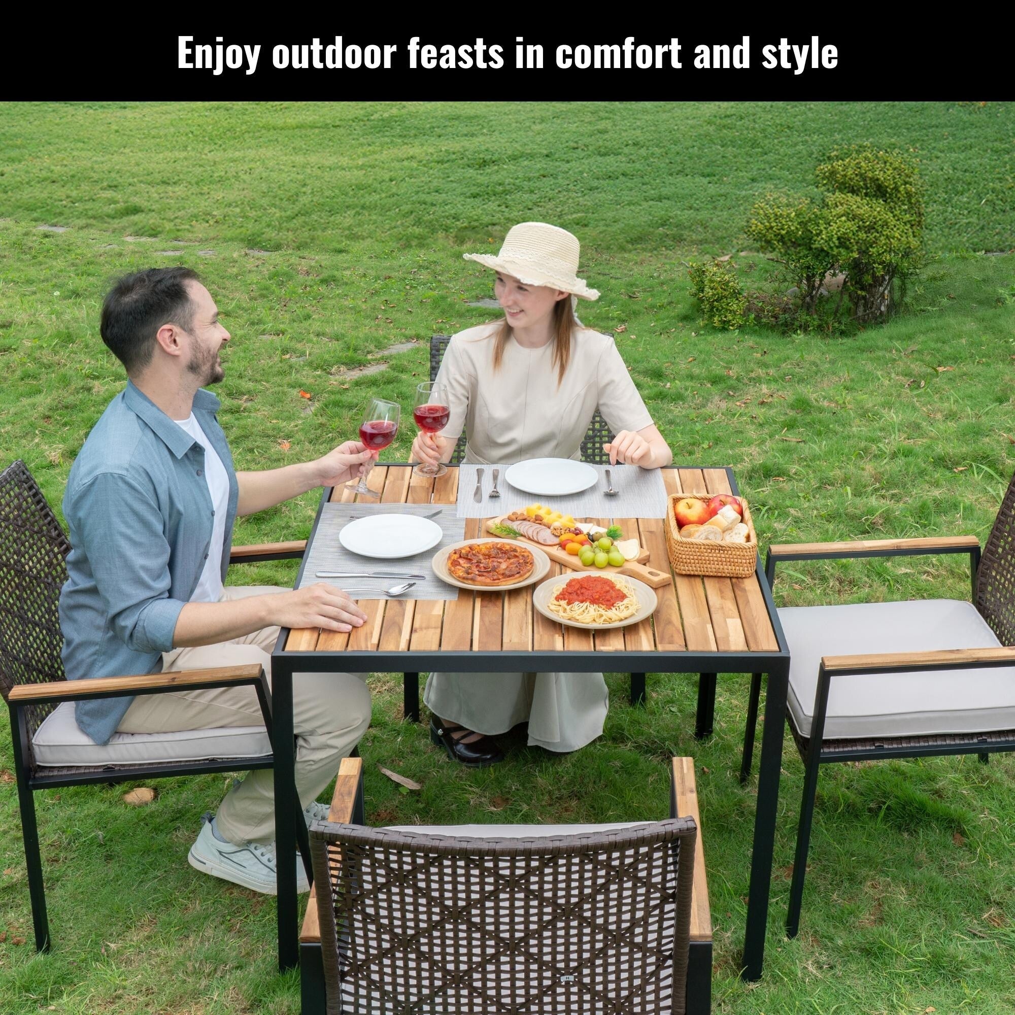 5-Piece Outdoor Patio Rattan Dining Set with Stackable Chairs, 35 Acacia Wood Table Top with Umbrella Hole