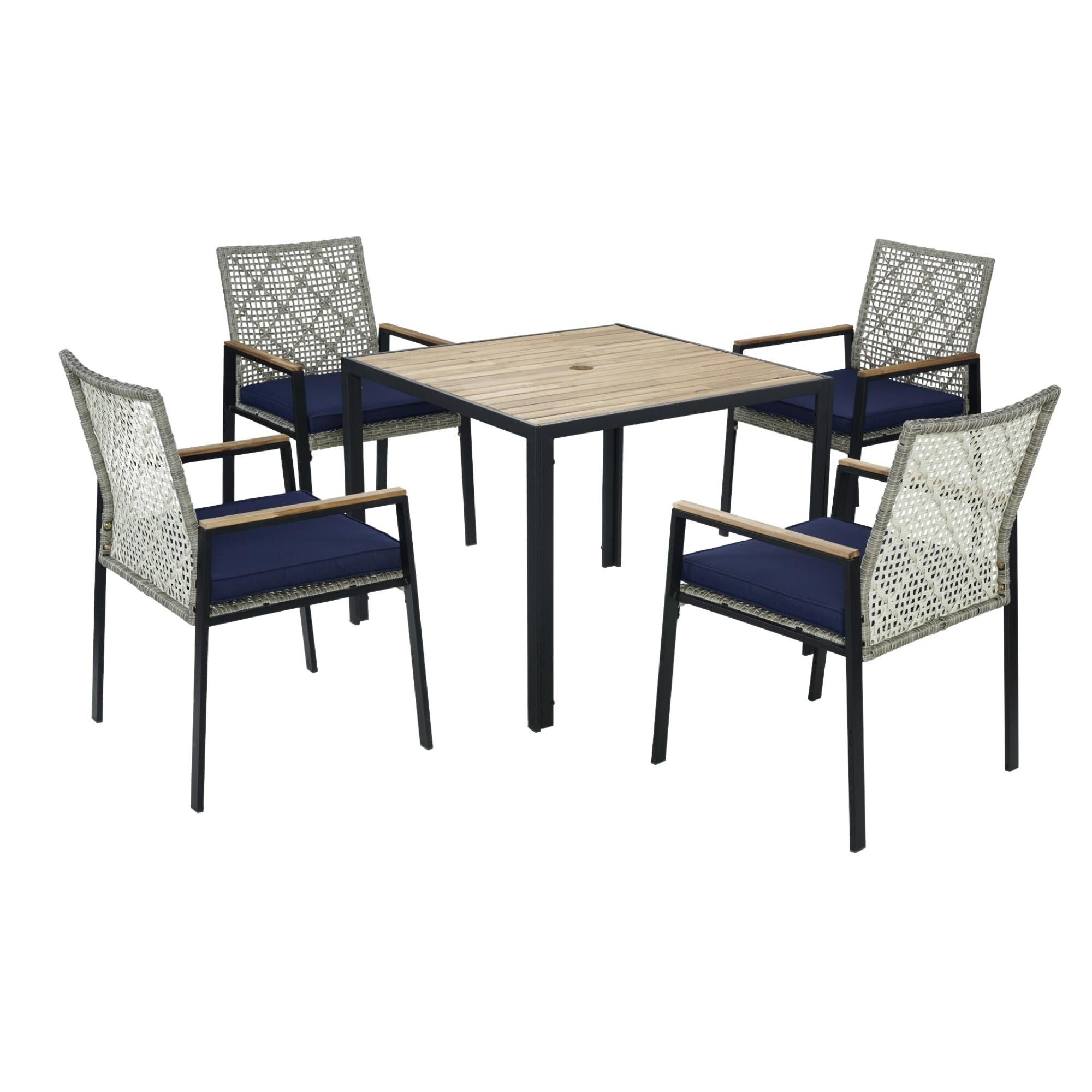 5-Piece Outdoor Patio Rattan Dining Set with Stackable Chairs, 35 Acacia Wood Table Top with Umbrella Hole