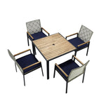 5-Piece Outdoor Patio Rattan Dining Set with Stackable Chairs, 35 Acacia Wood Table Top with Umbrella Hole