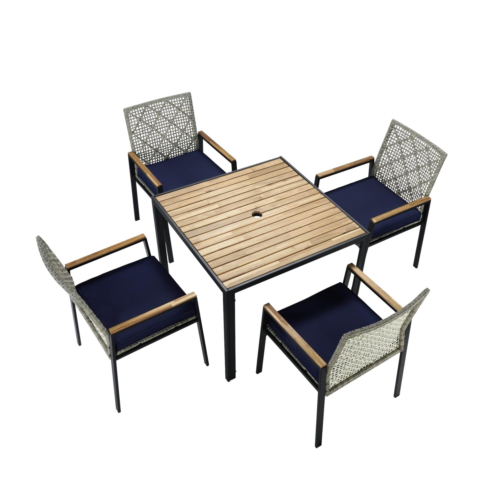 5-Piece Outdoor Patio Rattan Dining Set with Stackable Chairs, 35 Acacia Wood Table Top with Umbrella Hole