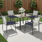 5-Piece Outdoor Patio Rattan Dining Set with Stackable Chairs, 35 Acacia Wood Table Top with Umbrella Hole