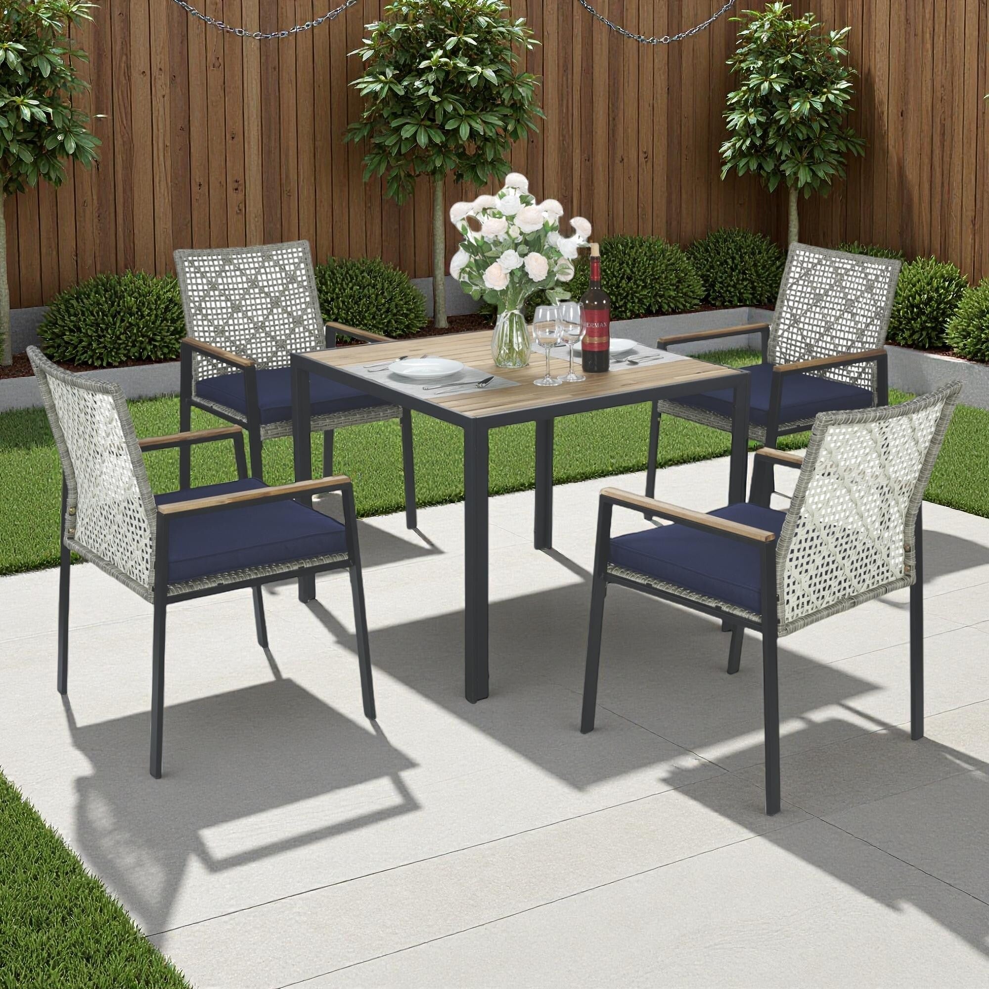 5-Piece Outdoor Patio Rattan Dining Set with Stackable Chairs, 35 Acacia Wood Table Top with Umbrella Hole