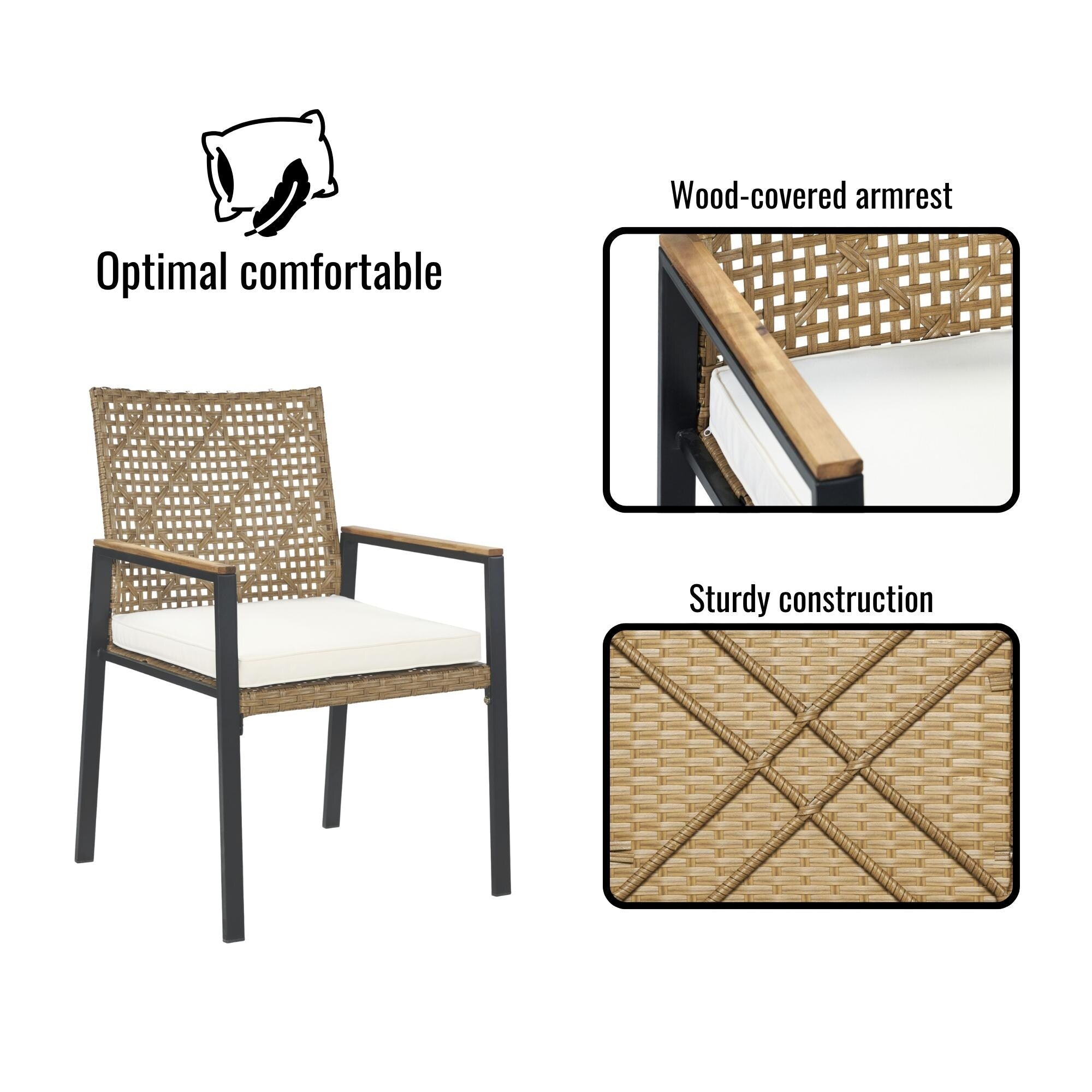 5-Piece Outdoor Patio Rattan Dining Set with Stackable Chairs, 35 Acacia Wood Table Top with Umbrella Hole