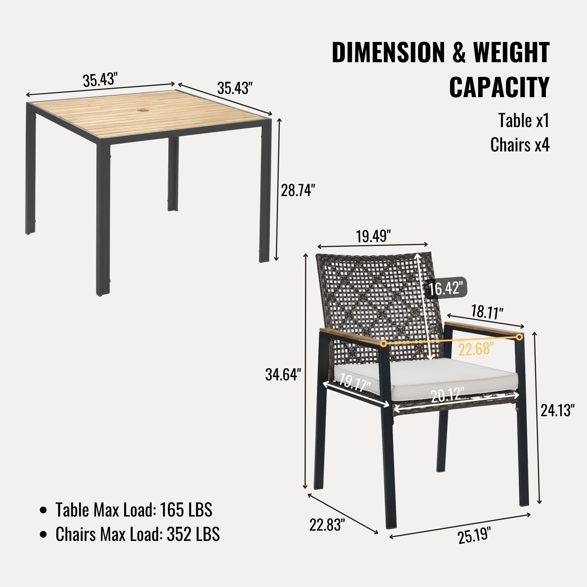 5-Piece Outdoor Patio Rattan Dining Set with Stackable Chairs, 35 Acacia Wood Table Top with Umbrella Hole