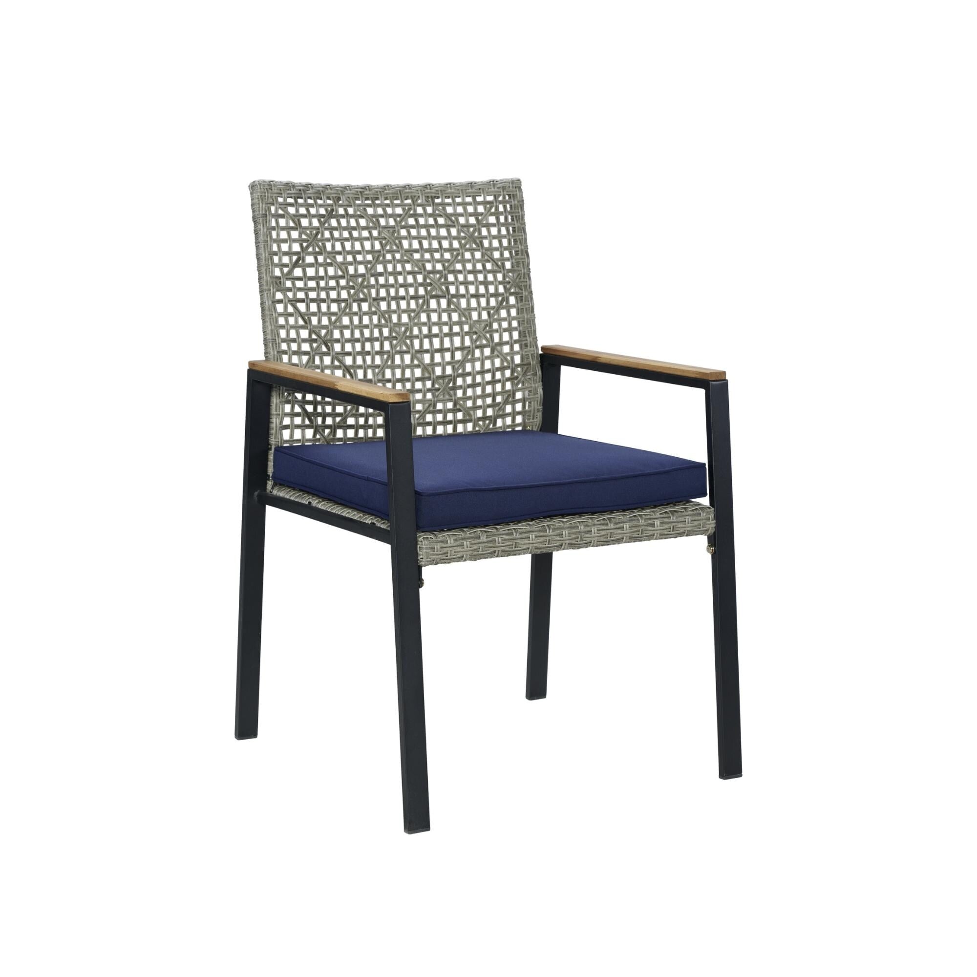 5-Piece Outdoor Patio Rattan Dining Set with Stackable Chairs, 35 Acacia Wood Table Top with Umbrella Hole