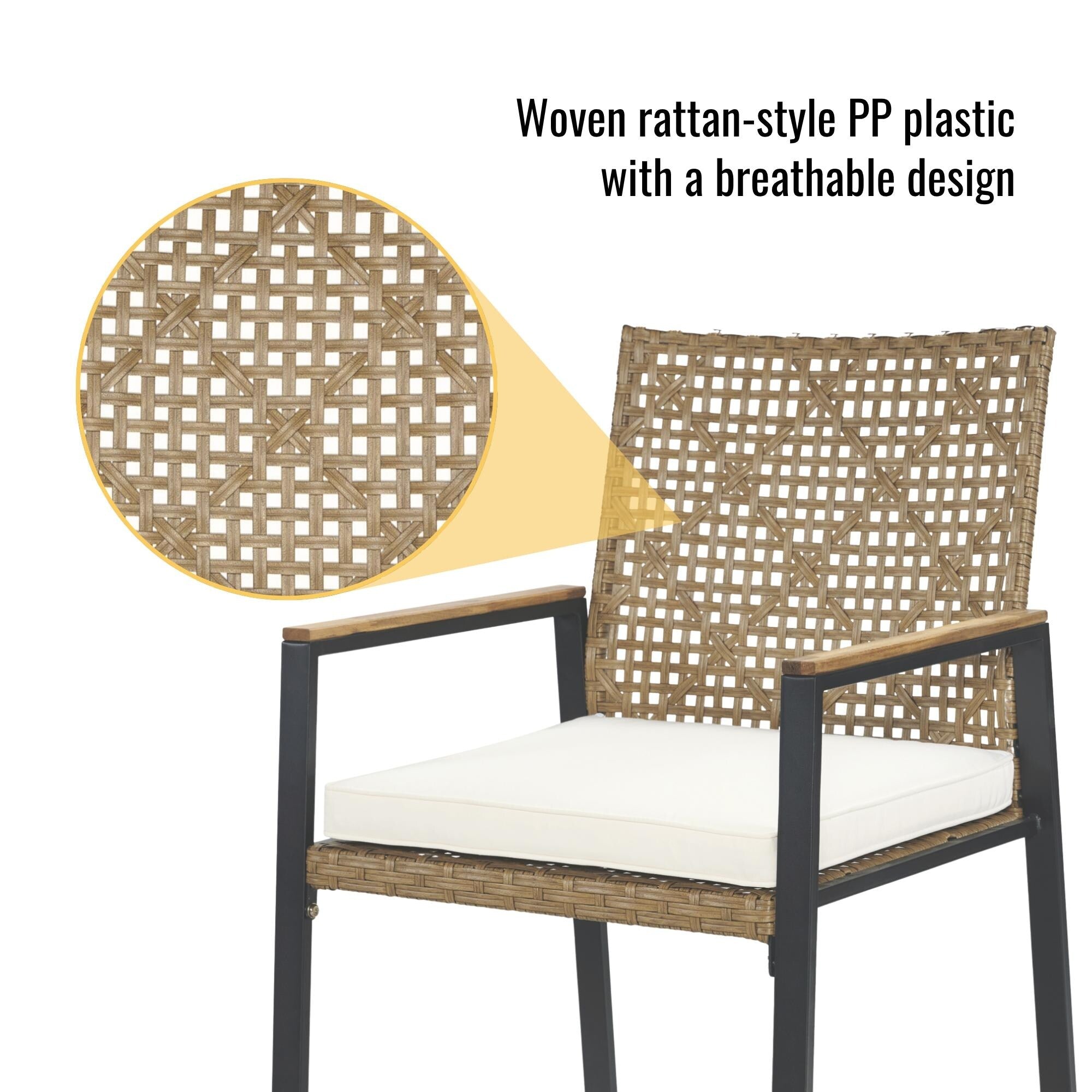 5-Piece Outdoor Patio Rattan Dining Set with Stackable Chairs, 35 Acacia Wood Table Top with Umbrella Hole