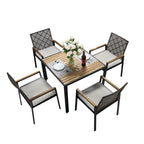5-Piece Outdoor Patio Rattan Dining Set with Stackable Chairs, 35 Acacia Wood Table Top with Umbrella Hole