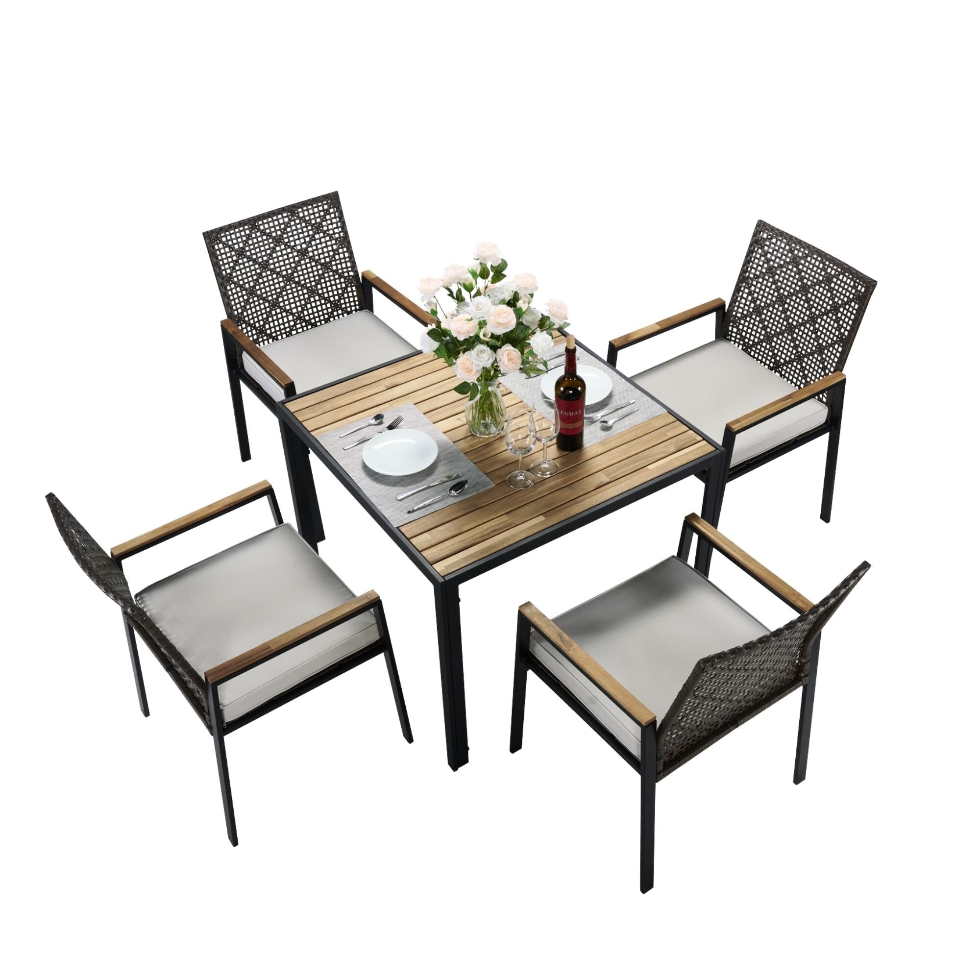 5-Piece Outdoor Patio Rattan Dining Set with Stackable Chairs, 35 Acacia Wood Table Top with Umbrella Hole
