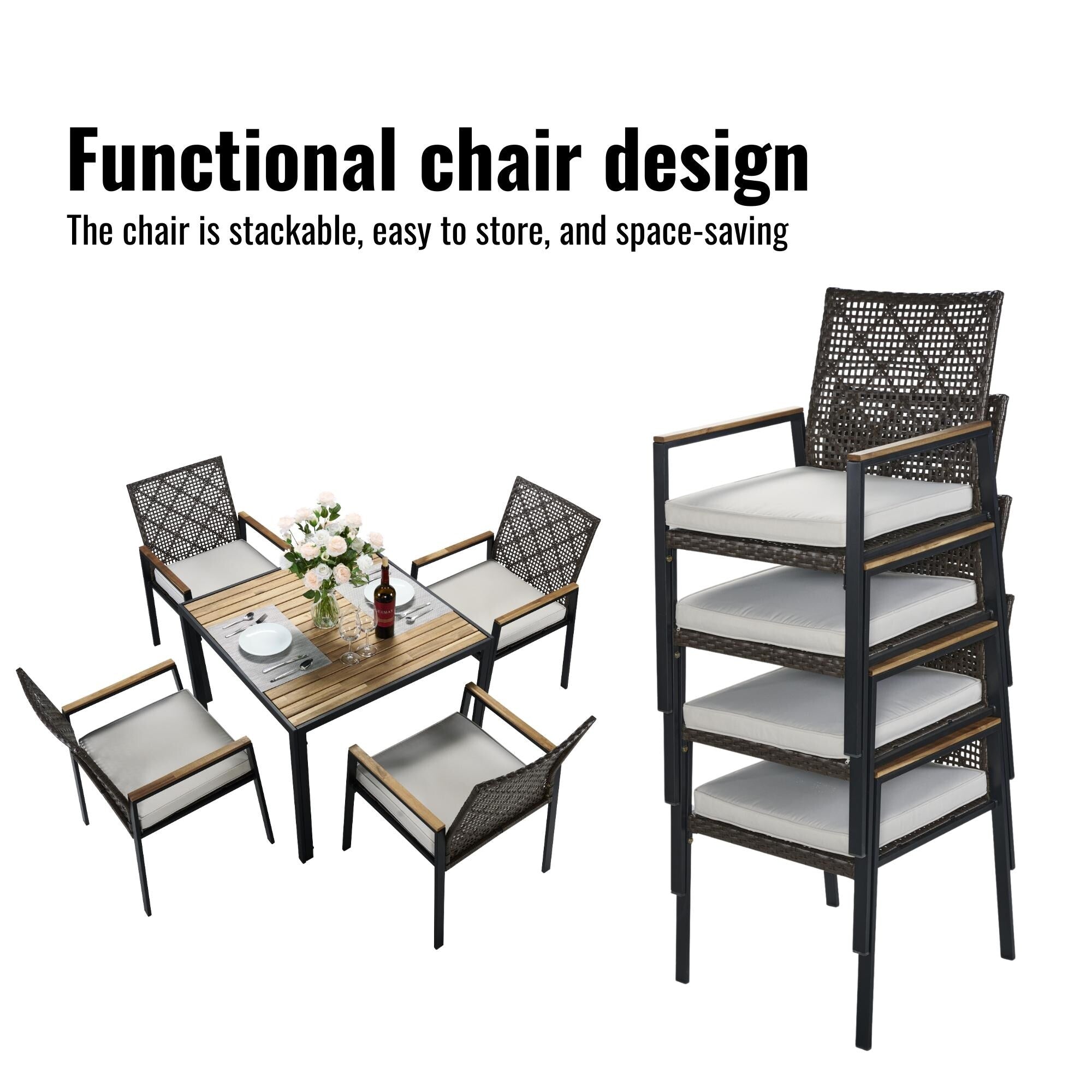 5-Piece Outdoor Patio Rattan Dining Set with Stackable Chairs, 35 Acacia Wood Table Top with Umbrella Hole