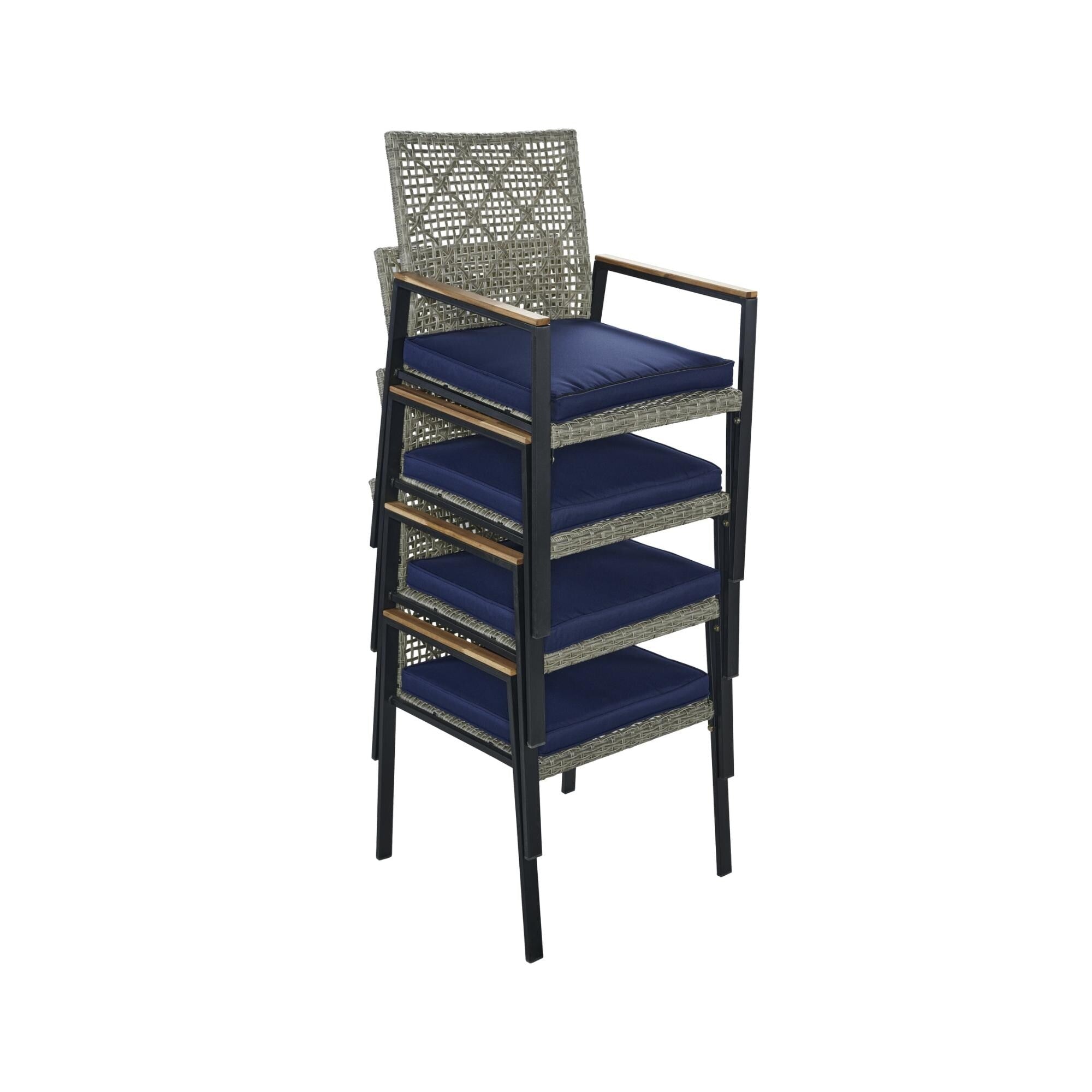 5-Piece Outdoor Patio Rattan Dining Set with Stackable Chairs, 35 Acacia Wood Table Top with Umbrella Hole