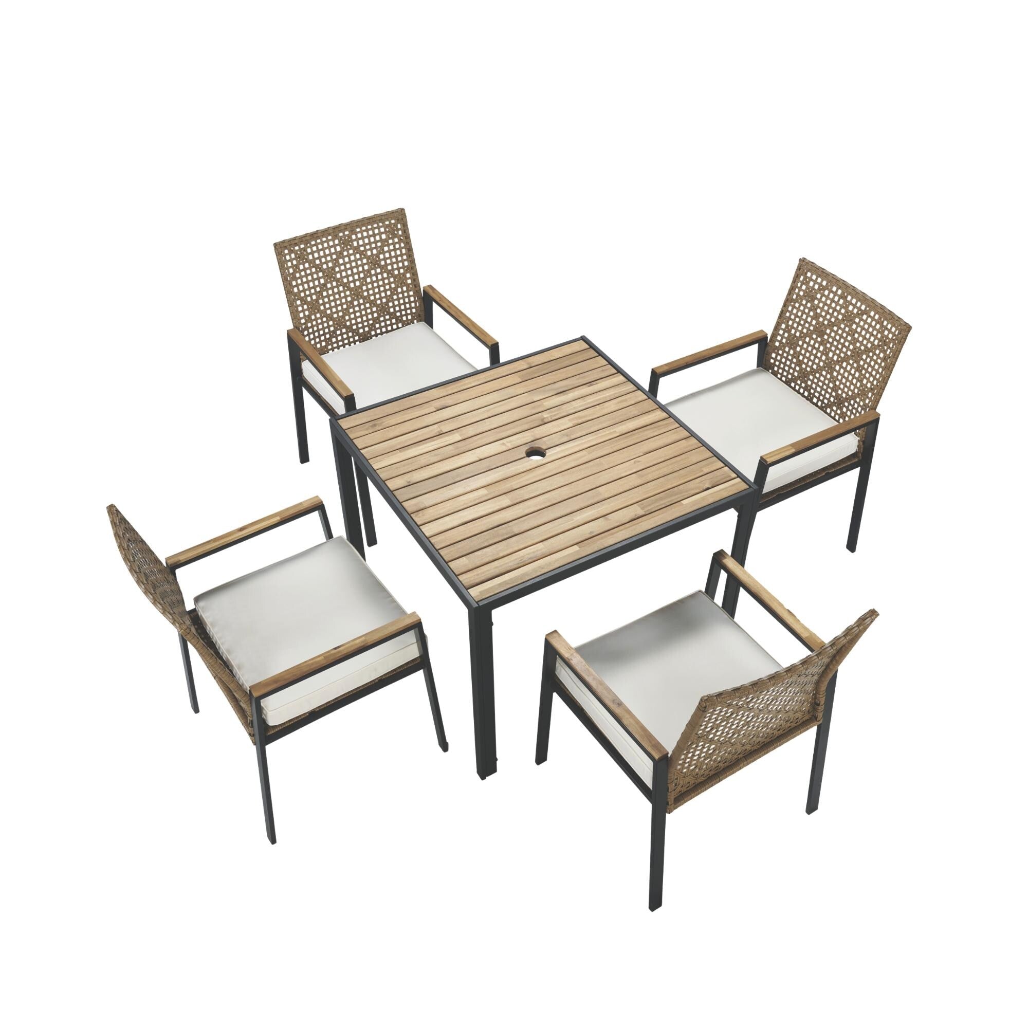 5-Piece Outdoor Patio Rattan Dining Set with Stackable Chairs, 35 Acacia Wood Table Top with Umbrella Hole