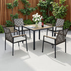 5-Piece Outdoor Patio Rattan Dining Set with Stackable Chairs, 35 Acacia Wood Table Top with Umbrella Hole