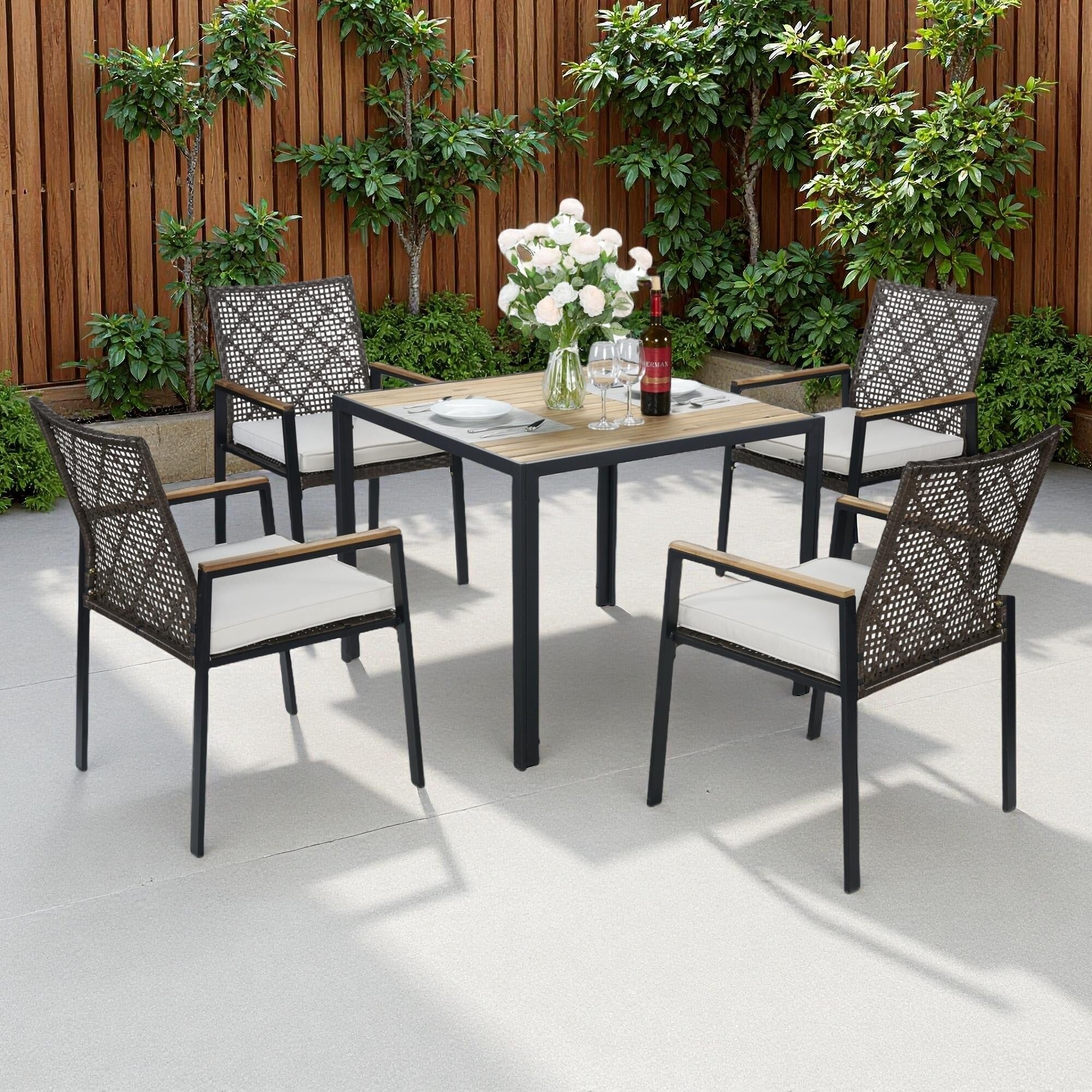 5-Piece Outdoor Patio Rattan Dining Set with Stackable Chairs, 35 Acacia Wood Table Top with Umbrella Hole