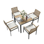 5-Piece Outdoor Patio Rattan Dining Set with Stackable Chairs, 35 Acacia Wood Table Top with Umbrella Hole