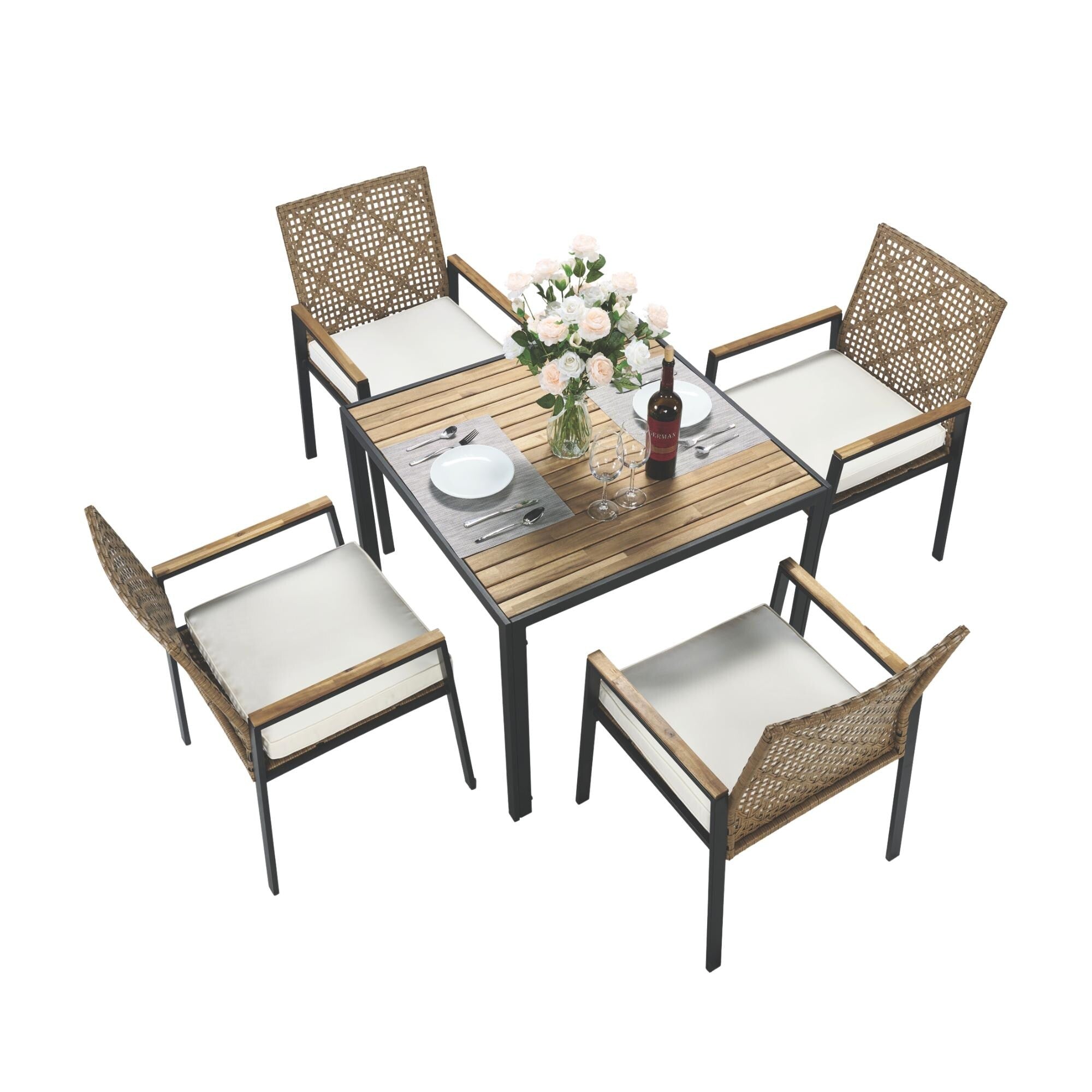 5-Piece Outdoor Patio Rattan Dining Set with Stackable Chairs, 35 Acacia Wood Table Top with Umbrella Hole