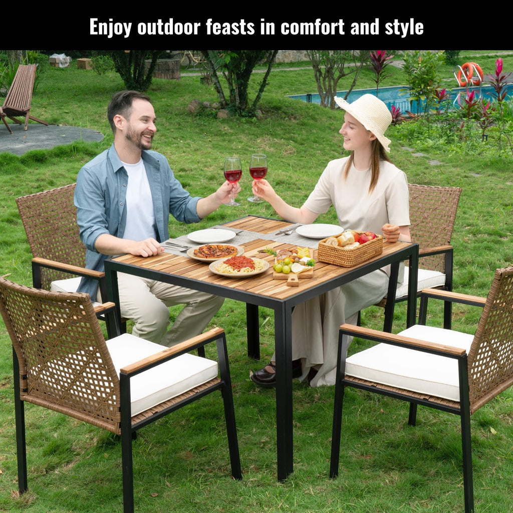 5-Piece Outdoor Patio Rattan Dining Set with Stackable Chairs, 35 Acacia Wood Table Top with Umbrella Hole