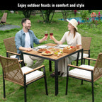 5-Piece Outdoor Patio Rattan Dining Set with Stackable Chairs, 35 Acacia Wood Table Top with Umbrella Hole